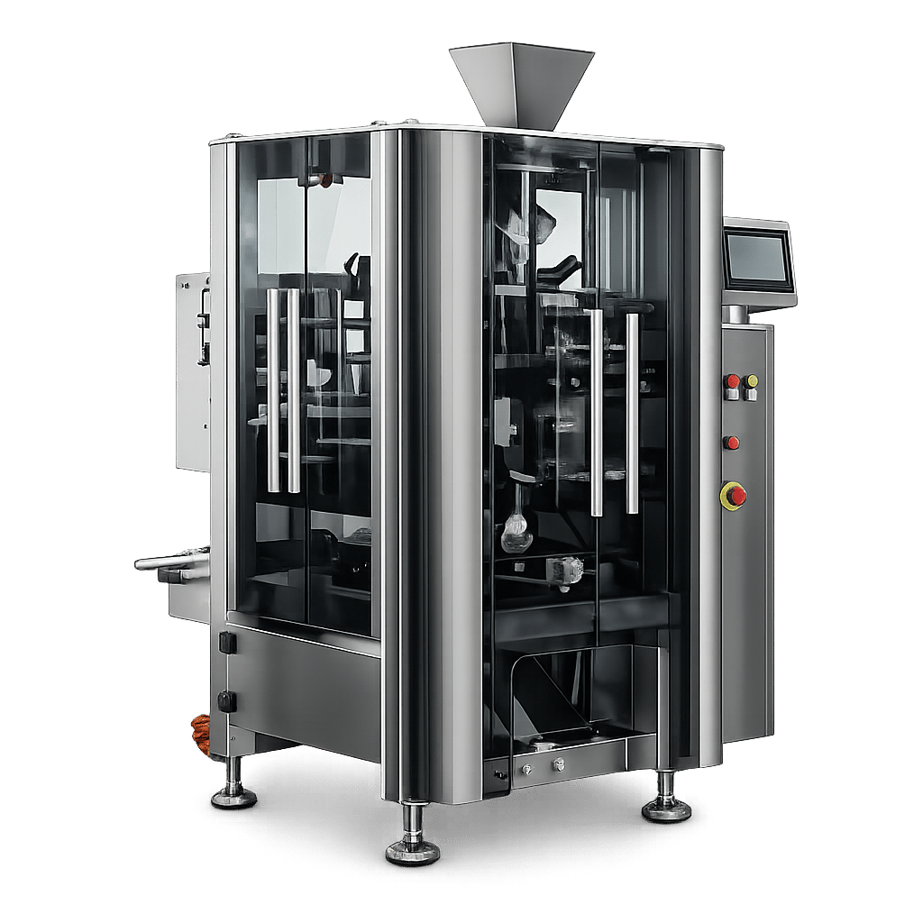 Industrial stainless-steel packaging machine with glass doors, hopper on top, and touchscreen control panel on the side.